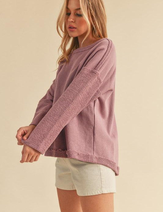 Aemi + Co Frayed Edge Round Neck Sweatshirt | Sweatshirts Daverri Fashions