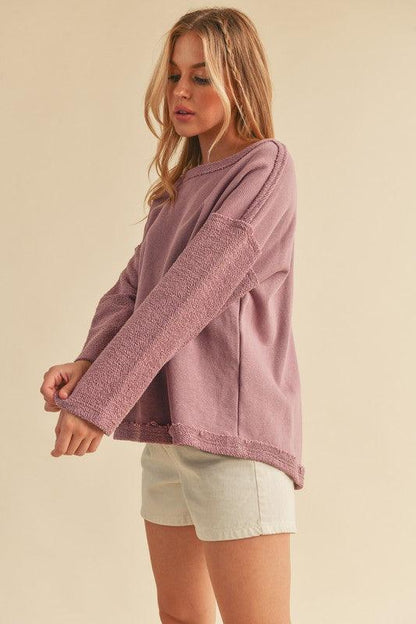 Aemi + Co Frayed Edge Round Neck Sweatshirt - DAVERRI FASHIONS