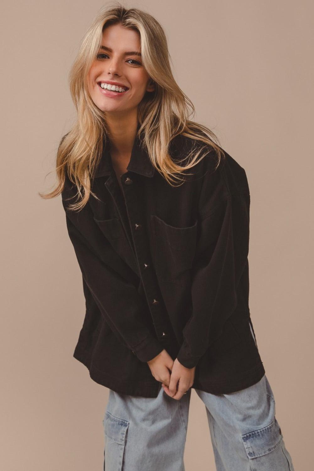 BiBi Button Up Washed Jacket with Pockets Black Charcoal S