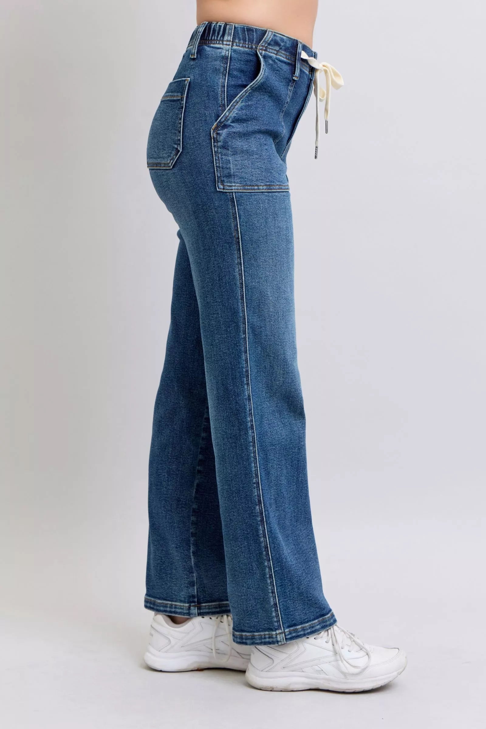 Judy Blue drawstring straight jeans in blue denim flare with white stitching