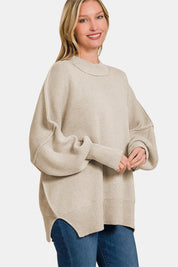 Zenana Side Sit Oversize Sweater Beige | Sweaters Daverri Fashions