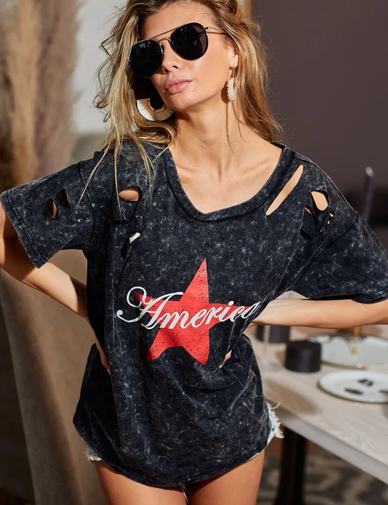 BiBi Laser Cut Mineral Washed Jersey Top with America | Tops Daverri Fashions