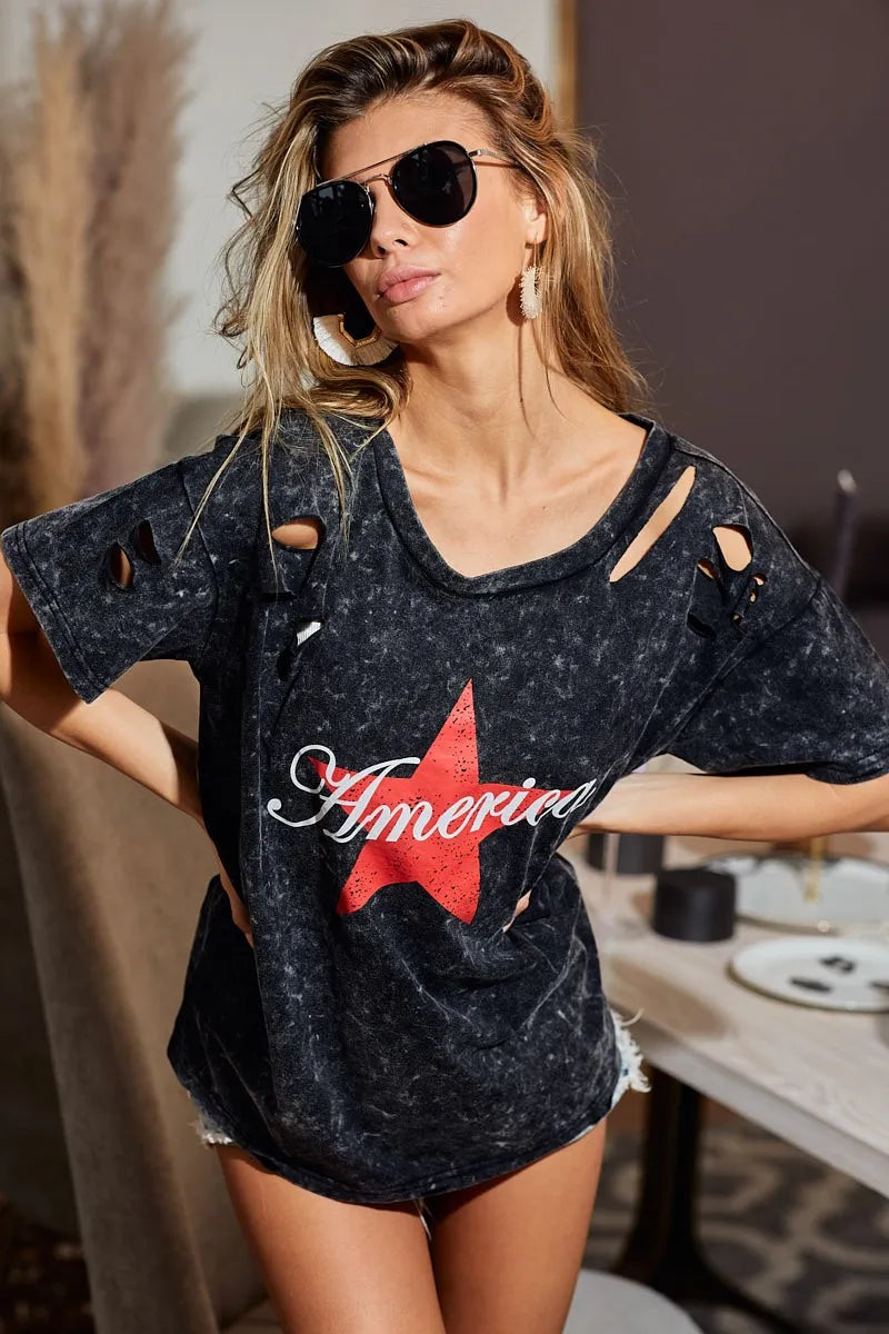BiBi Laser Cut Mineral Washed Jersey Top with America Tops