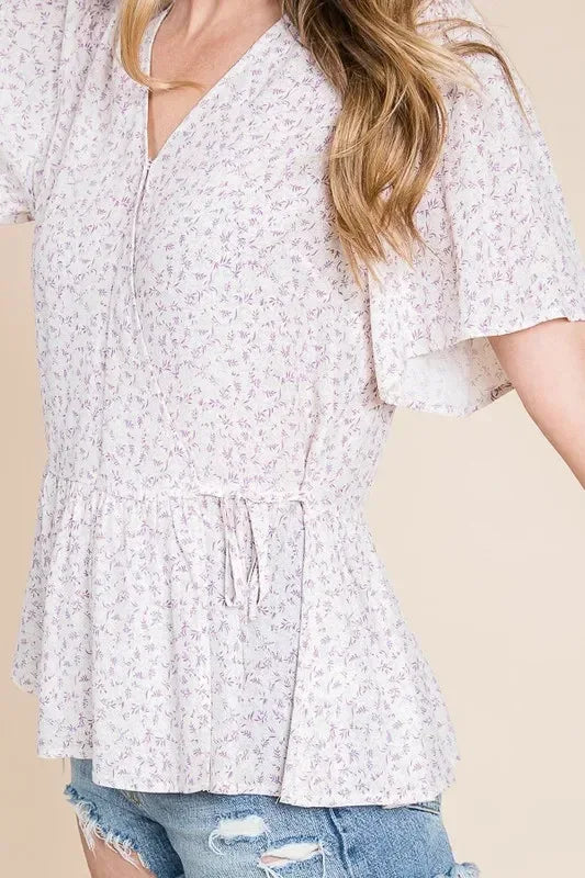 Lime 'N' Chili Ditsy Print V-Neck Short Sleeve Wrap Blouse - DAVERRI FASHIONS