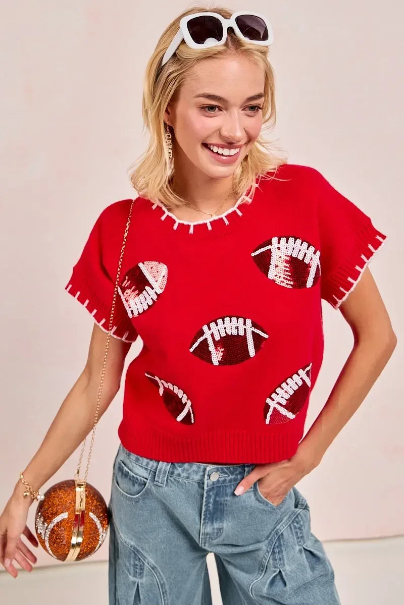 BiBi Gameday Sequin Football Embroidered Stitch Sweater - DAVERRI FASHIONS
