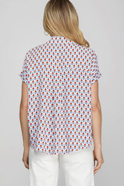 She + Sky Full Size Printed Johnny Collar Short Sleeve Blouse Plus Size | Blouses Daverri Fashions