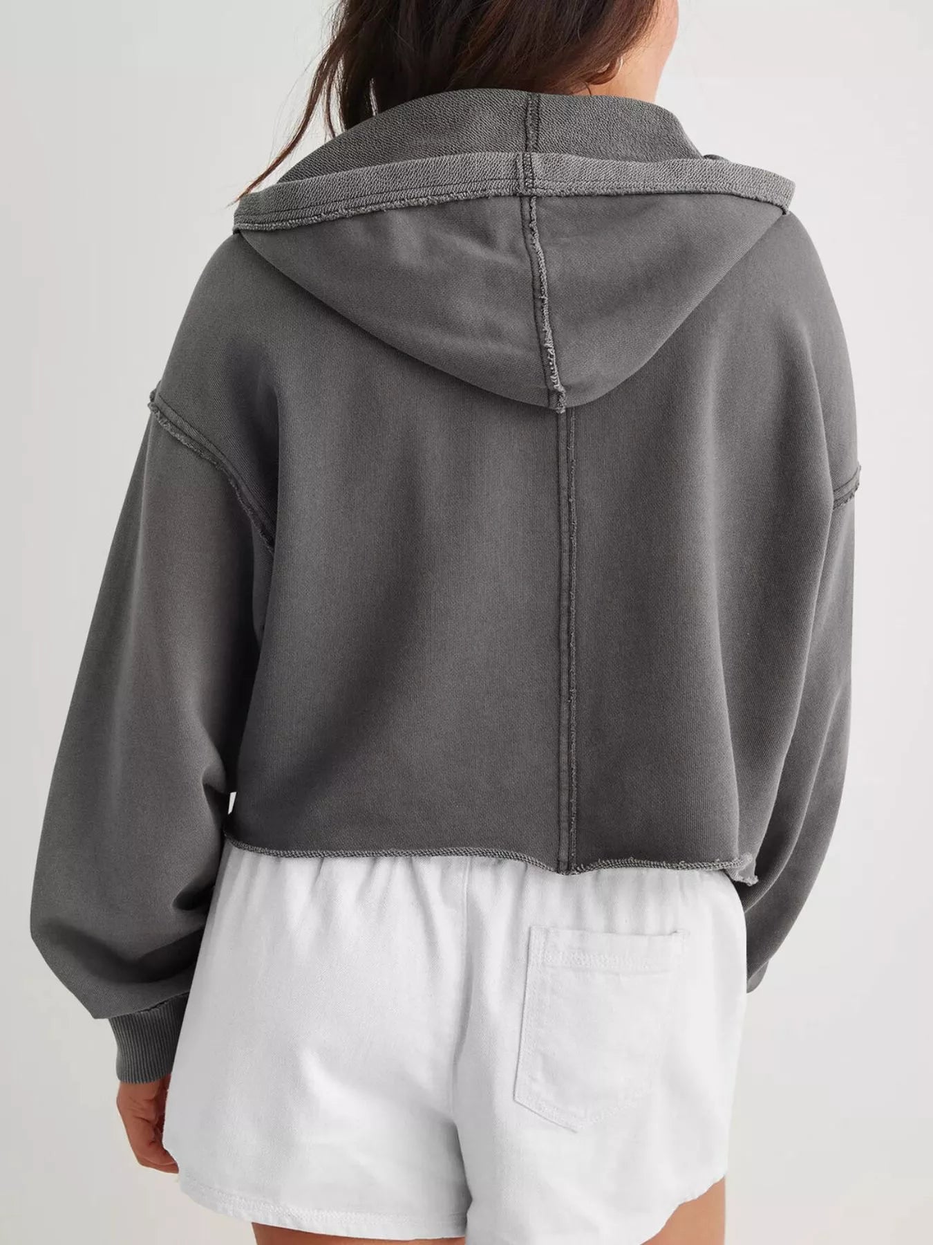 Gray Exposed Seam Dropped Shoulder Hoodie with frayed hem and ribbed cuffs