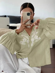 Daverri Fashions Embroidered Notched Long Sleeve Blouse - DAVERRI FASHIONS