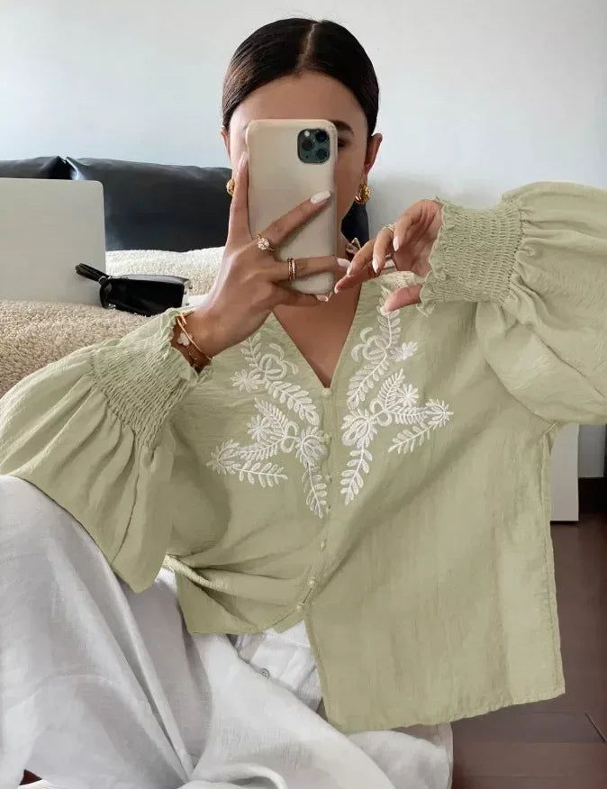 Daverri Fashions Embroidered Notched Long Sleeve Blouse - DAVERRI FASHIONS