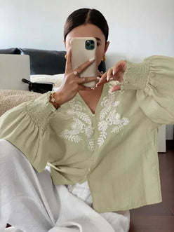 Daverri Fashions Embroidered Notched Long Sleeve Blouse - DAVERRI FASHIONS