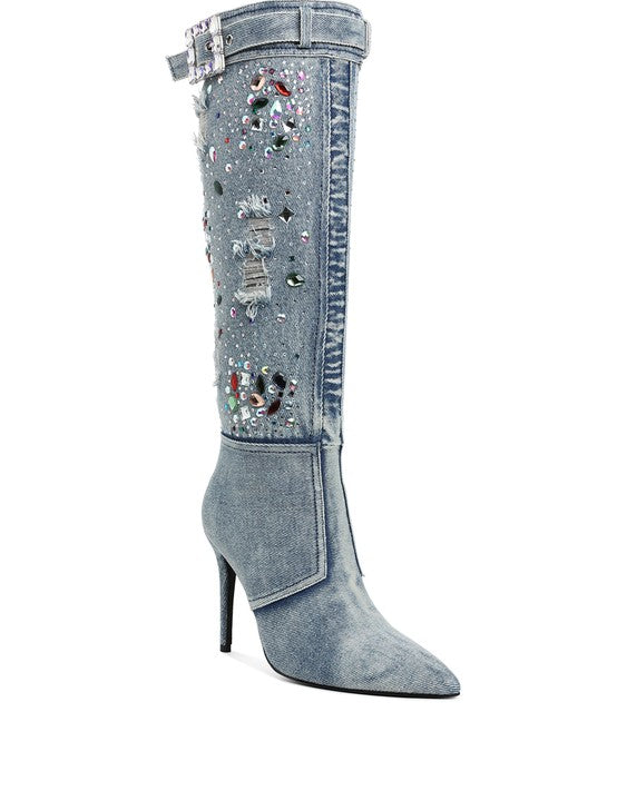 Blue Cornik Multi Color Stones Denim Boots | Boots Daverri Fashions