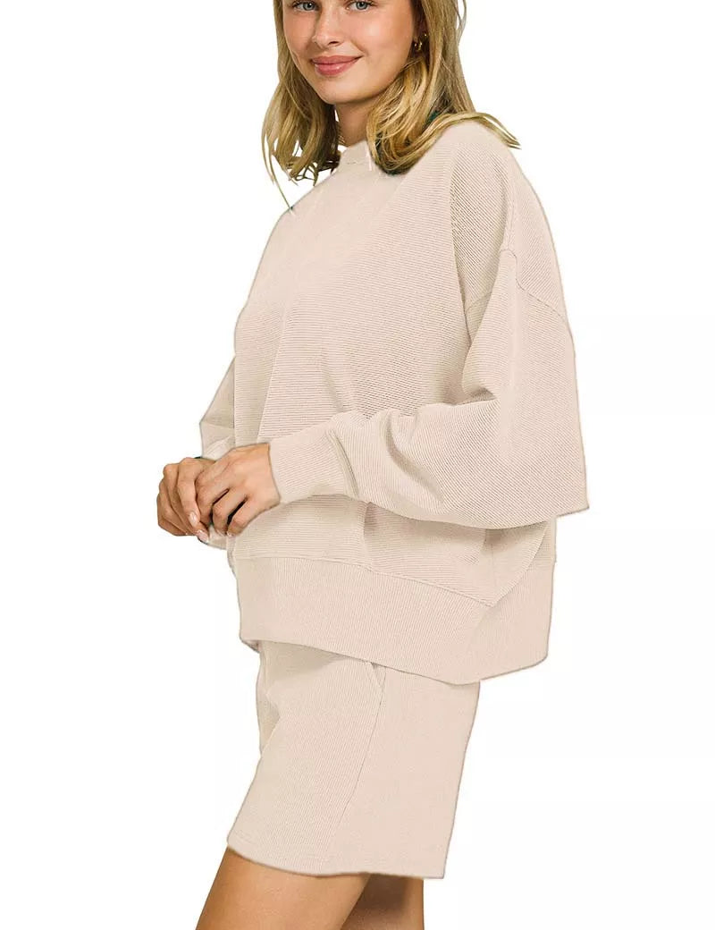 Zenana Ribbed Round Neck Pullover and Shorts Set | Loungewear Sets Daverri Fashions