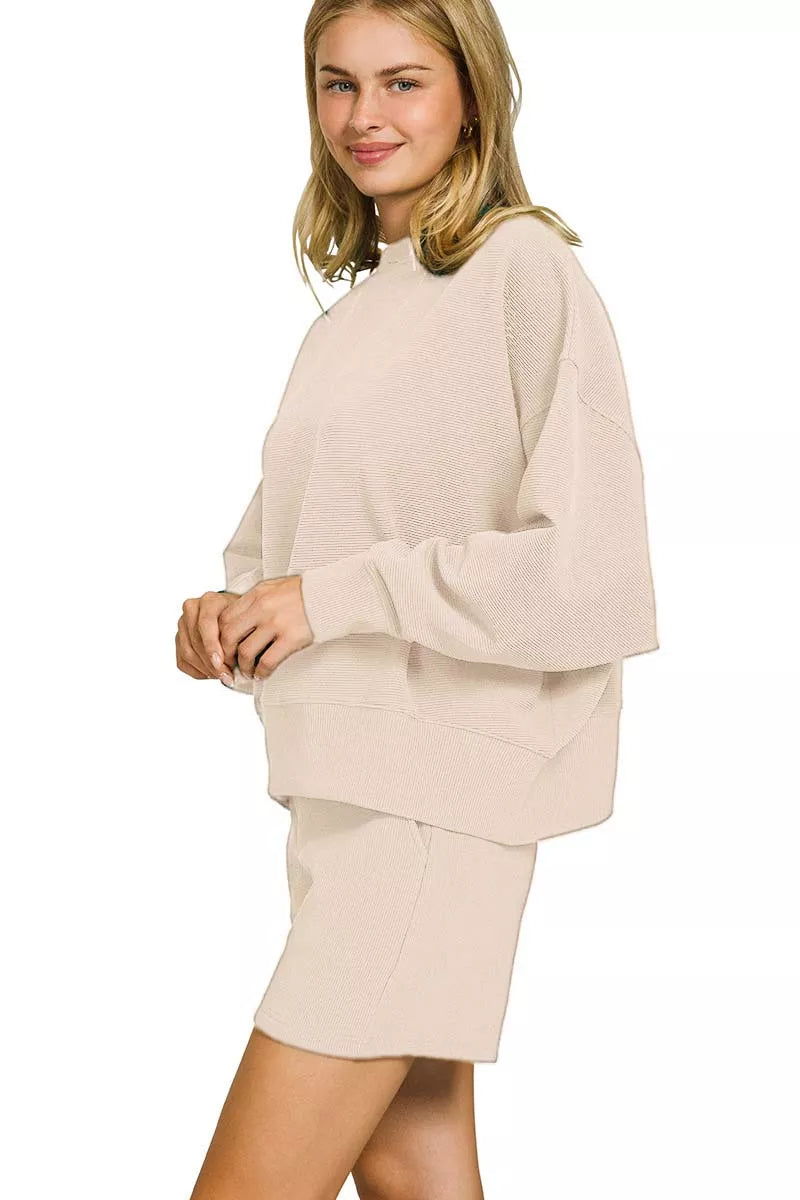 Zenana Ribbed Round Neck Pullover and Shorts Set | Loungewear Sets Daverri Fashions