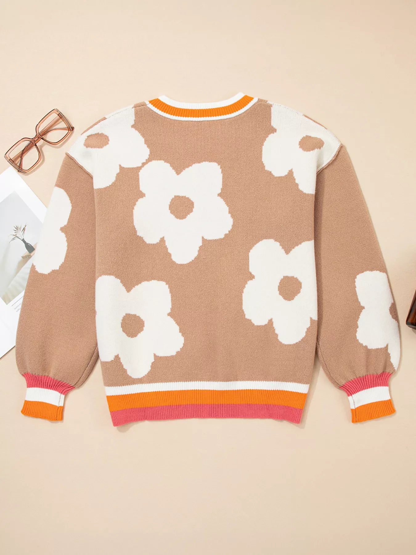 Flower Pattern Contrast Striped Baggy Sweater | Sweaters Daverri Fashions