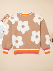 Flower Pattern Contrast Striped Baggy Sweater | Sweaters Daverri Fashions