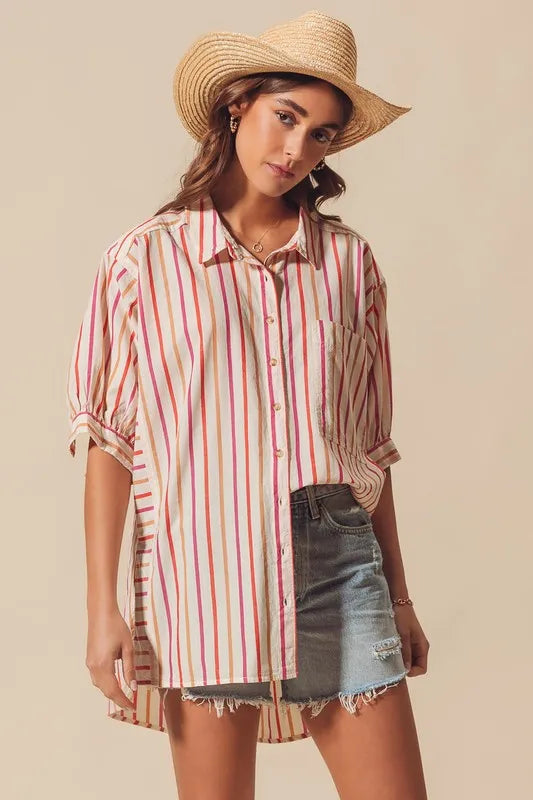 SO ME Multicolored Stripe Button Down Shirt PINK COMBO