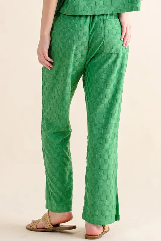 Green Brushed Texture Checkerboard Casual Pants with Elastic Waist