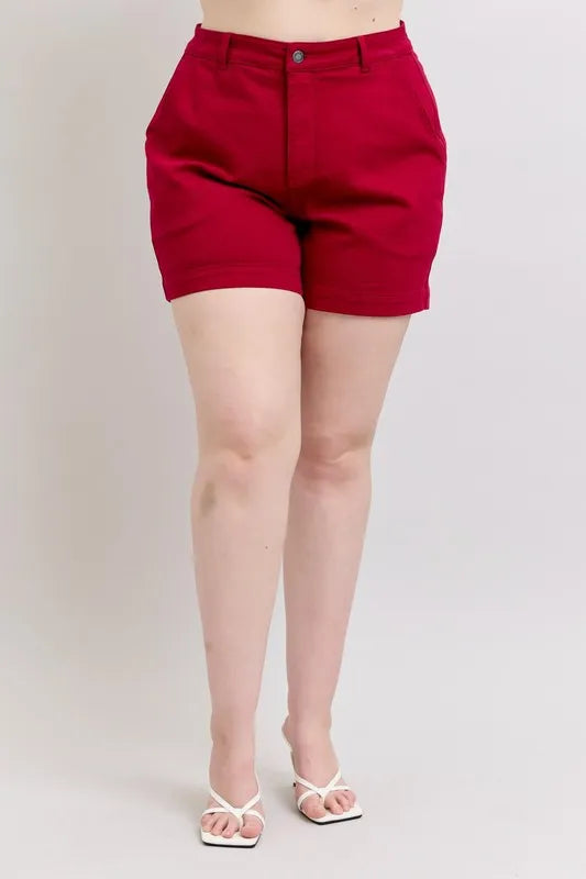 Judy Blue Plus Size High Waist Tummy Control Garment Dyed Heart Shaped Denim Shorts SCARLET