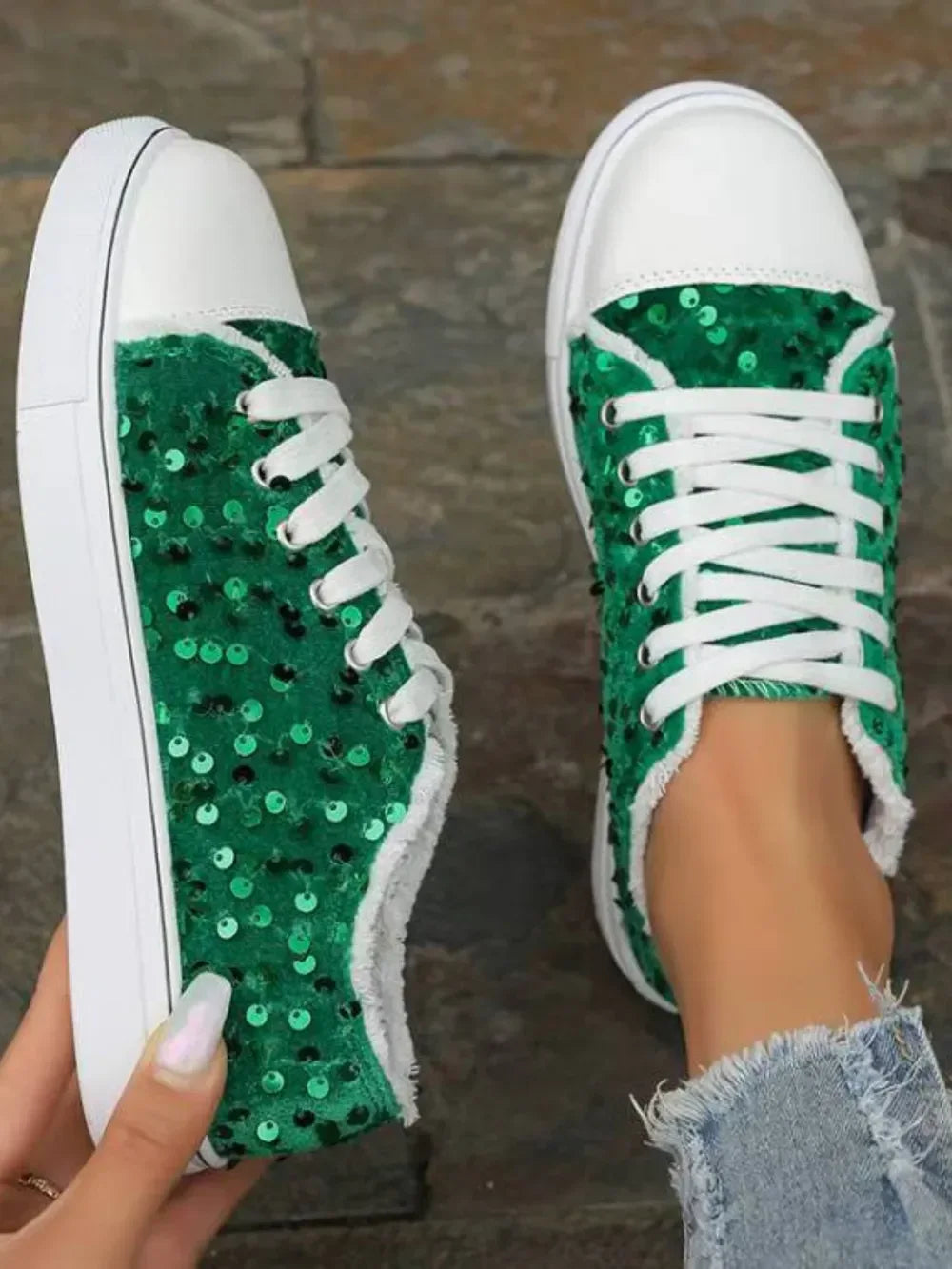 Sequin Round Toe Flat Sneakers - DAVERRI FASHIONS