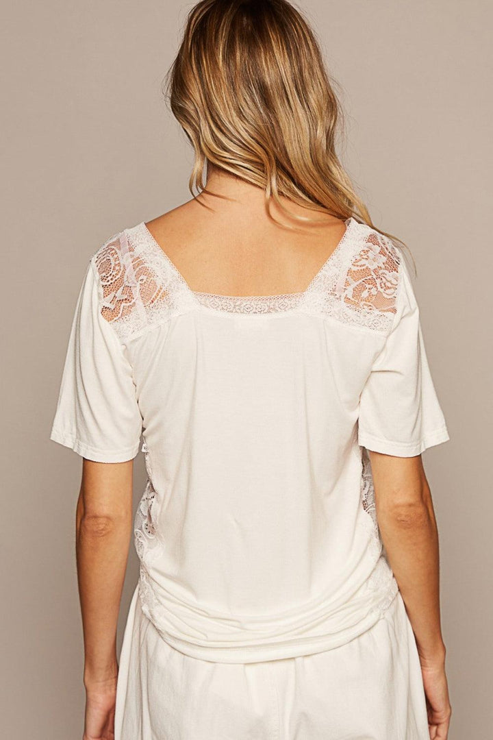 POL V-Neck Short Sleeve Lace Trim Top Shirts & Tops