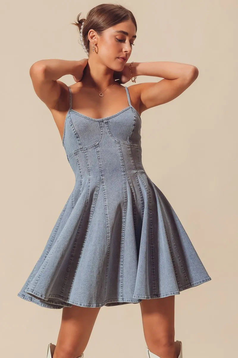 Light blue SO ME A-line fit and flare denim mini dress with thin straps