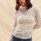SO ME floral print textured long sleeve knit top in ivory with black pattern