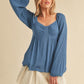 Aemi + Co Ruched Sweetheart Neck Balloon Sleeve Blouse Blue - DAVERRI FASHIONS