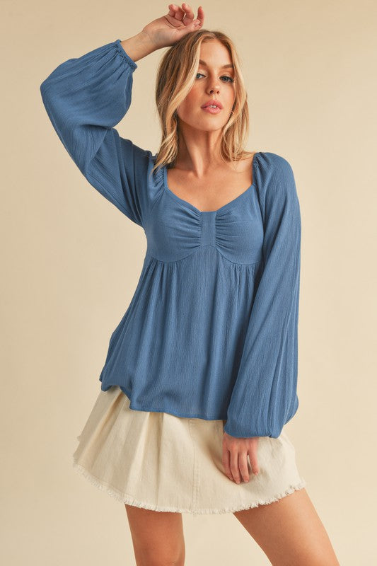 Aemi + Co Ruched Sweetheart Neck Balloon Sleeve Blouse Peacock Blue Blouses