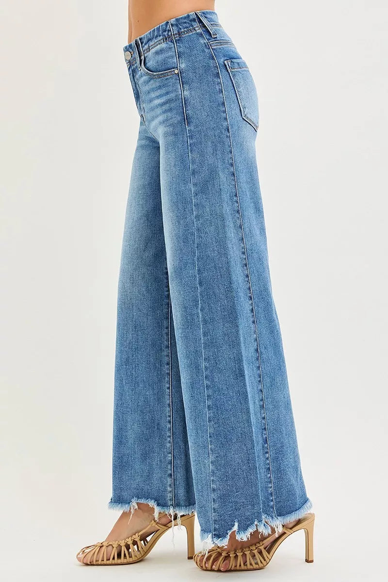 Light-wash blue RISEN High Rise Ankle Wide Jeans with frayed hem