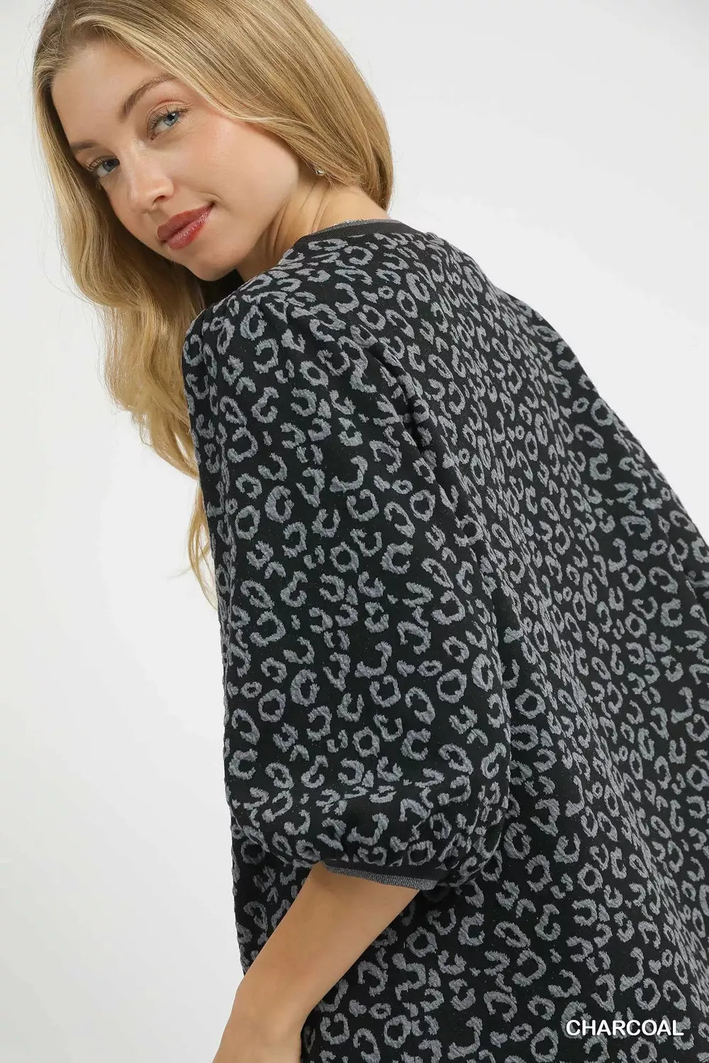 Umgee Leopard Print Jacquard Blouse with Puff Sleeves | Blouses Daverri Fashions