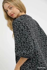 Umgee Leopard Print Jacquard Blouse with Puff Sleeves | Blouses Daverri Fashions