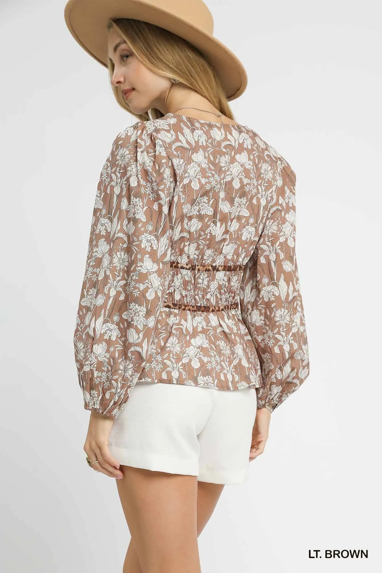 Umgee Floral Smocked Peplum Blouse with Tie Detail Blouses