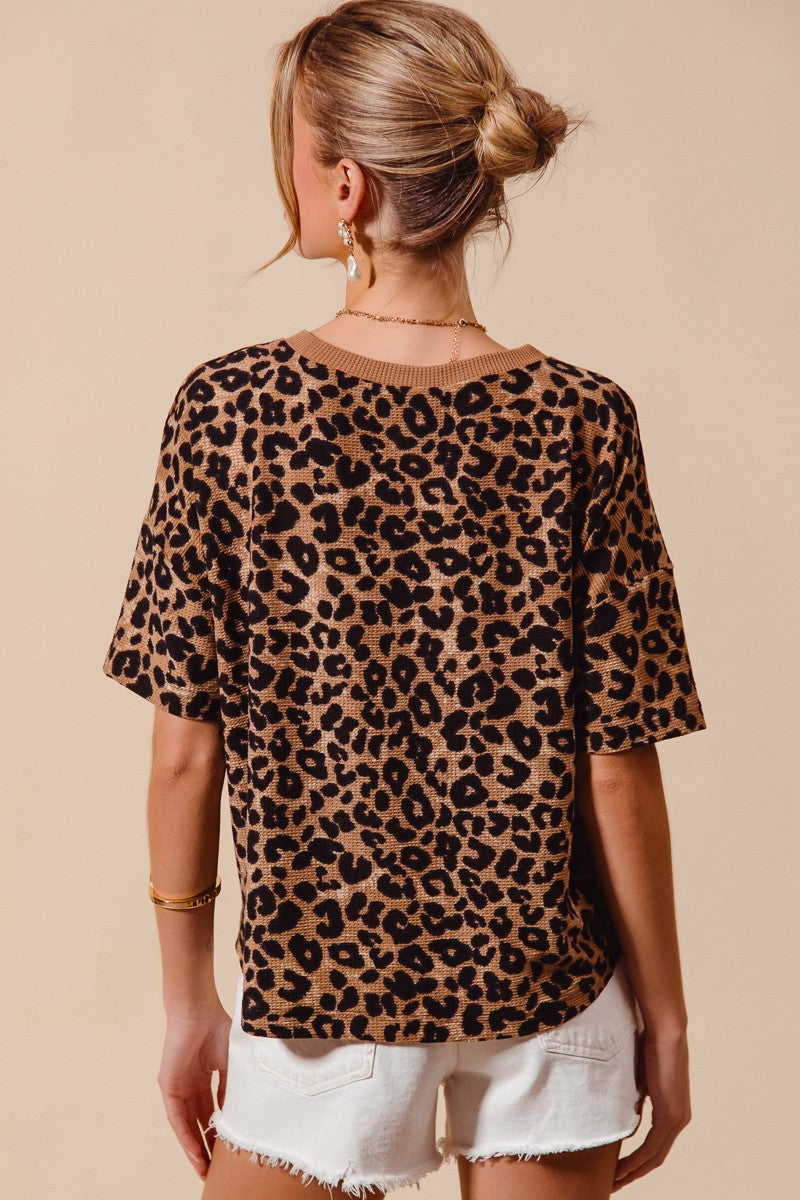 SO ME Leopard Thermal Waffle Knit Loose Fit Top, tan with black spots