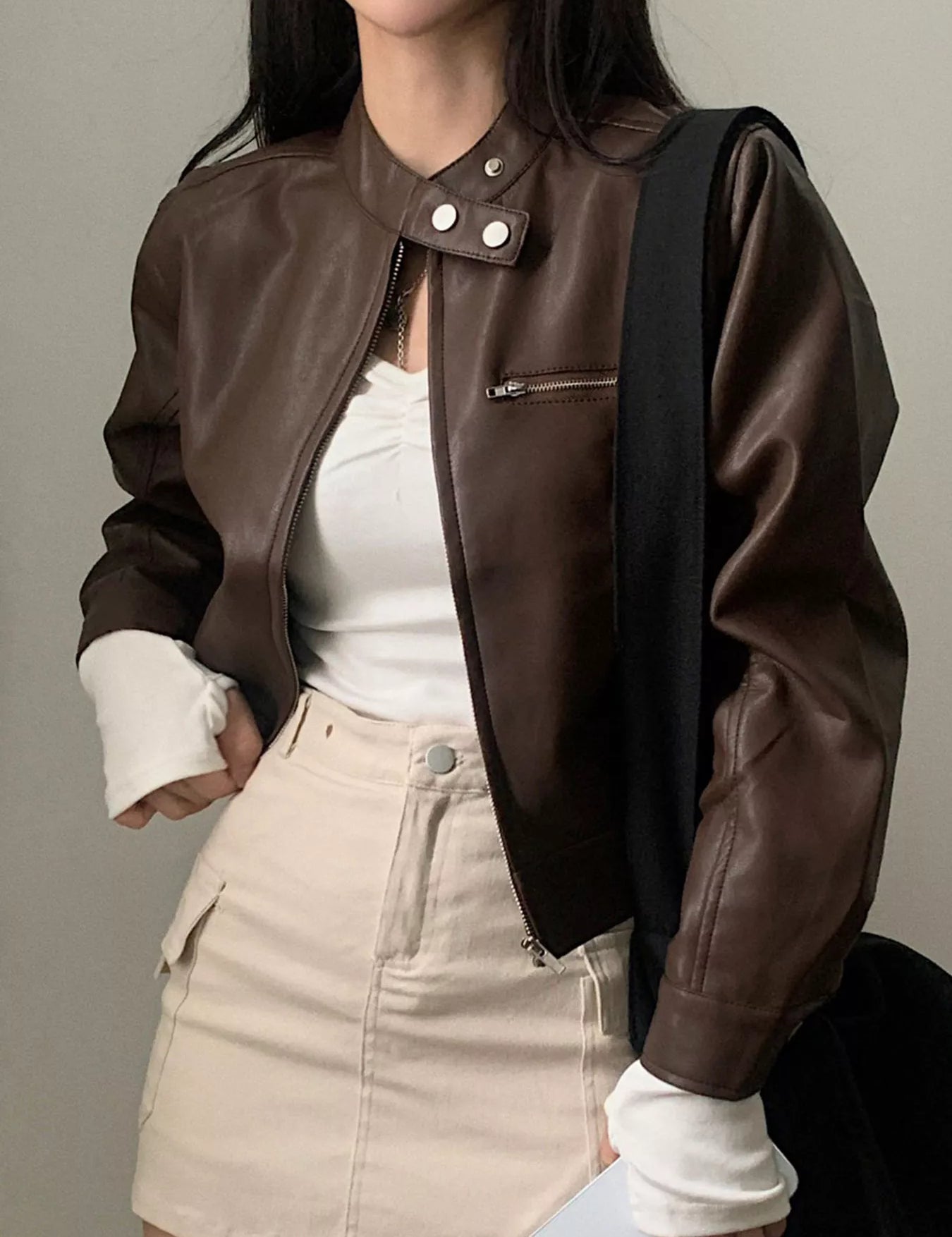 Brown Cropped Zip Up Faux Leather Jacket | Jackets Daverri Fashions