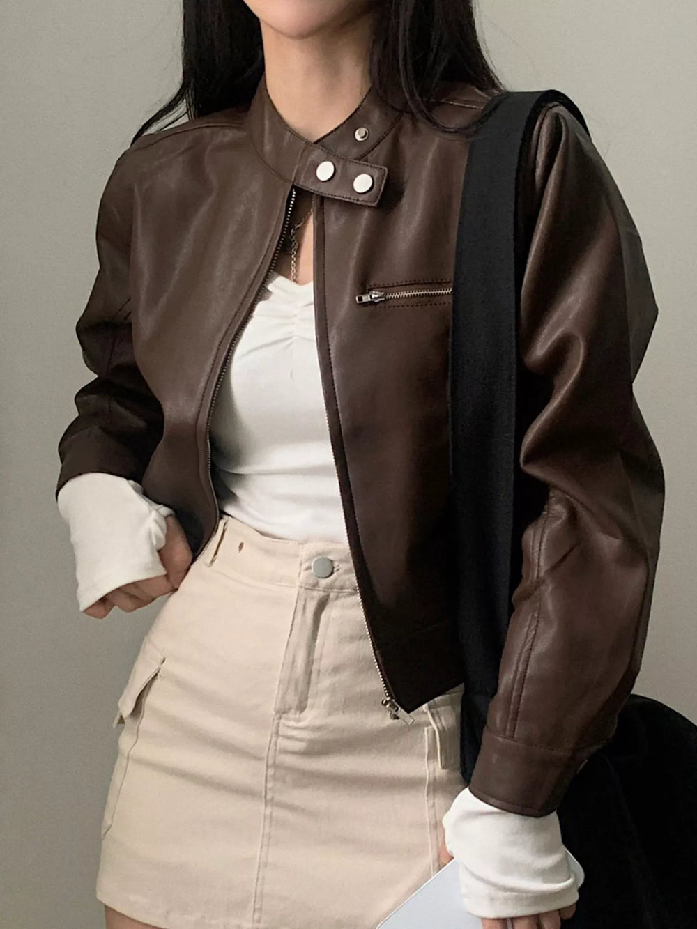 Brown Cropped Zip Up Faux Leather Jacket | Jackets Daverri Fashions