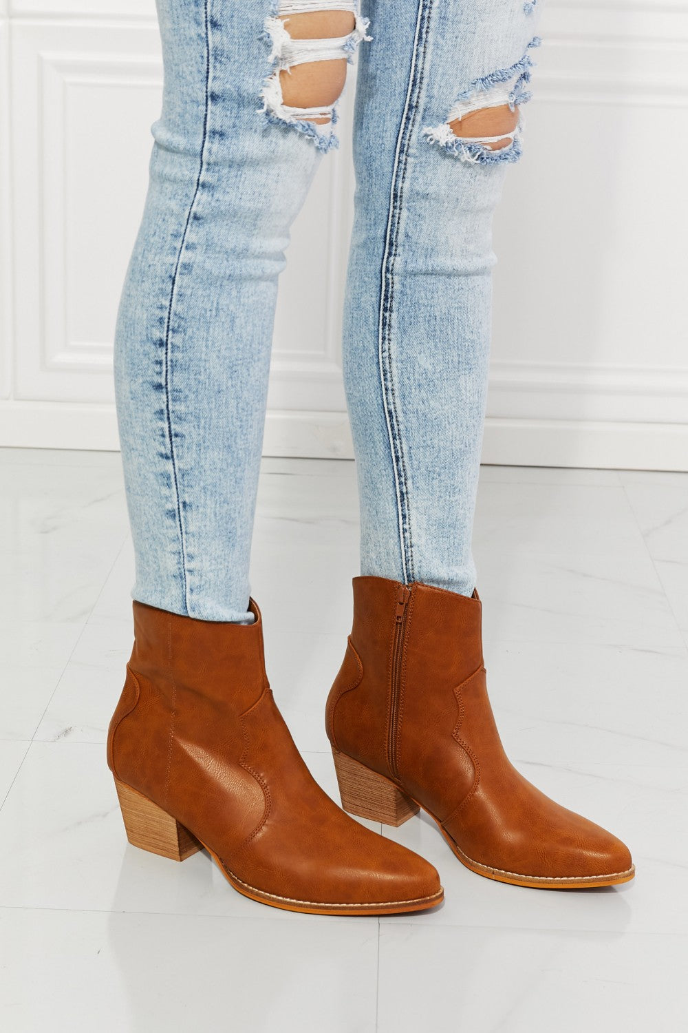 Watertower Town Faux Leather Western Ankle Boots in Ochre Caramel Boots