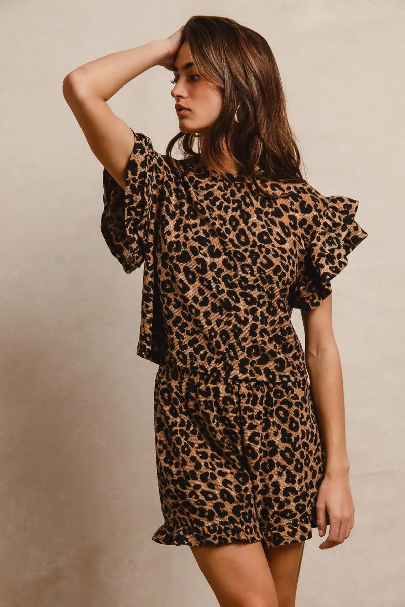 BiBi leopard print waffle texture ruffle sleeve top