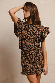 BiBi leopard print waffle texture ruffle sleeve top