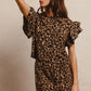 BiBi leopard print waffle texture ruffle sleeve top
