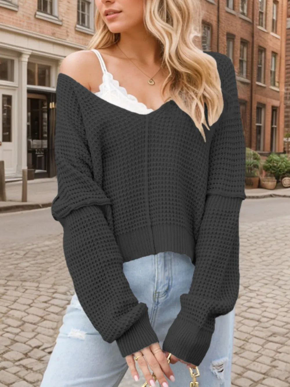 V-Neck Long Sleeve Sweater | Sweaters Daverri Fashions