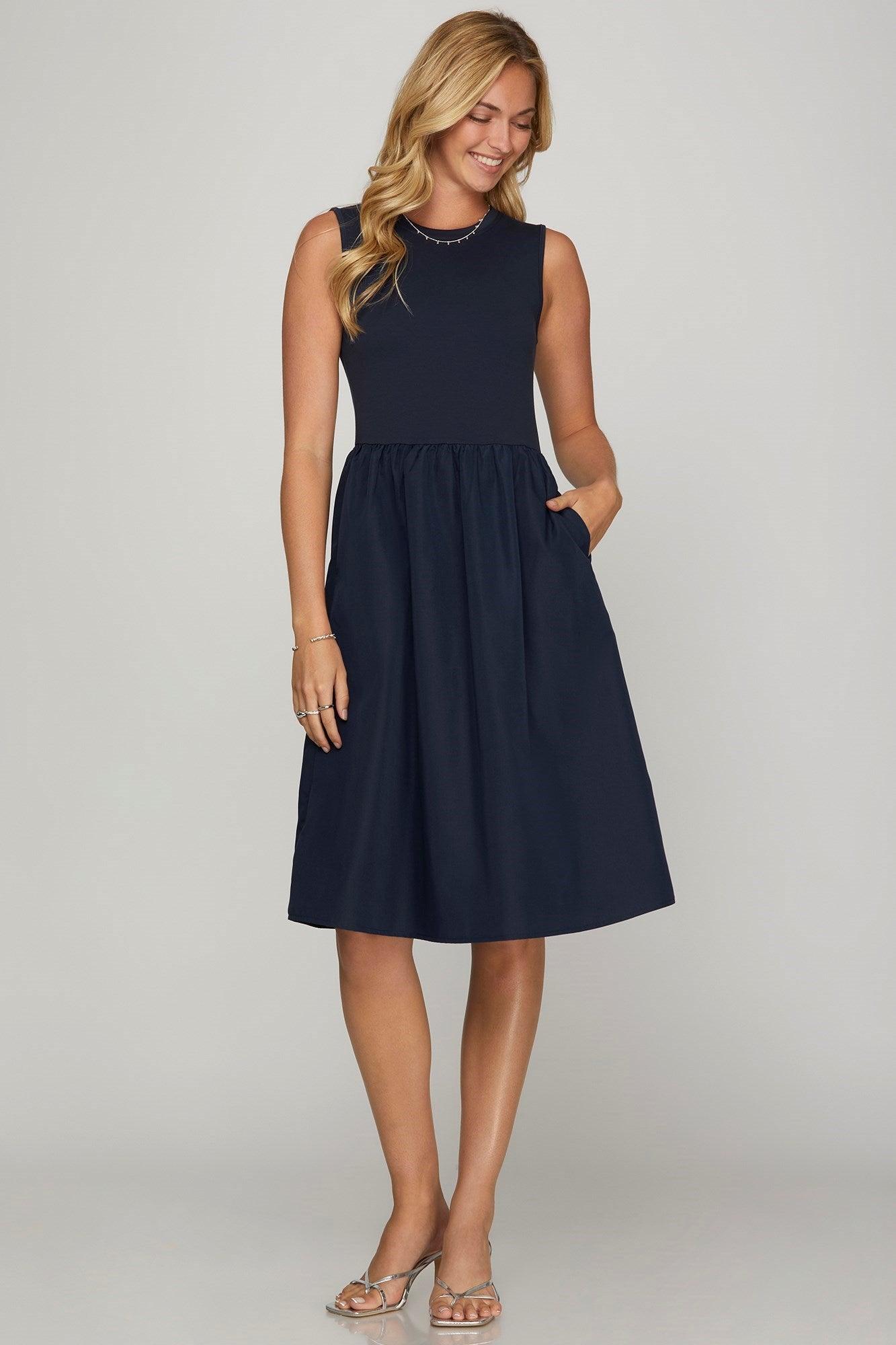 She + Sky Full Size Sleeveless Poplin Woven Midi Dress with Pockets Plus Size Dark Navy 1XL Midi Dreses