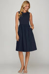 Navy blue sleeveless plus size poplin midi A-line dress with pockets