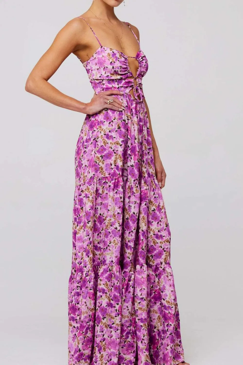 Floral print tie front tiered maxi dress in vibrant purple