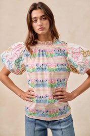 BiBi Ruffle Neckline Blouse With Embroidery Bubble Sleeve | Daverri Fashions