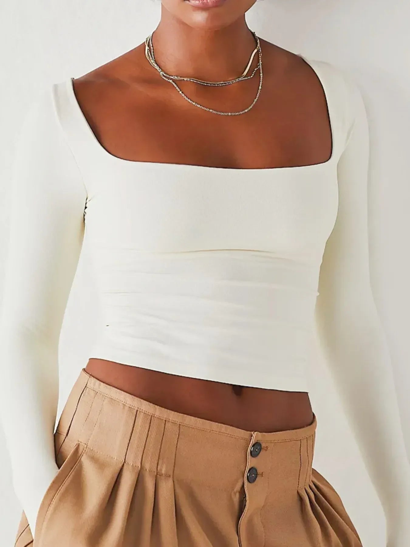 Square Neck Fitted Long Sleeve T-Shirt - DAVERRI FASHIONS