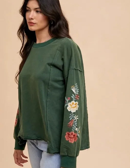 Olive green Annie Wear embroidered floral sleeve French terry top