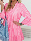 Vibrant pink white striped tiered flowy mini dress with flare bell sleeves
