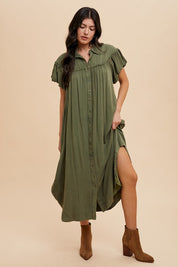 Annie Wear Mineral Washed Button Down Puff Sleeve Shirt Dress Tops