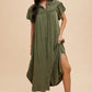 Annie Wear Mineral Washed Button Down Puff Sleeve Shirt Dress Tops