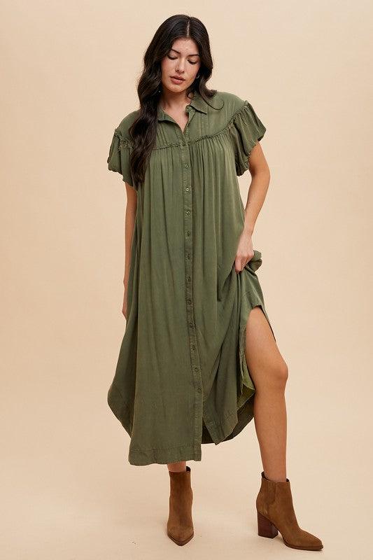 Annie Wear Mineral Washed Button Down Puff Sleeve Shirt Dress Tops